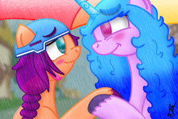 Size: 1800x1200 | Tagged: safe, artist:jesslmc16, izzy moonbow, sunny starscout, earth pony, pony, unicorn, g5, blurry background, blushing, braid, braided ponytail, cute, duo, female, helmet, hoof hold, horn, horn markings, lesbian, looking at each other, looking at someone, mare, outdoors, ponytail, ponyville, rain, raised hoof, scene interpretation, ship:moonscout, shipping, smiling, smiling at each other, umbrella