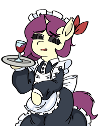 Size: 1810x2325 | Tagged: safe, artist:巧克力, oc, oc only, oc:erhai ripple, bat pony, human, hybrid, pony, unicorn, clothes, cold, holding, horn, humanized, maid, red wine, simple background, white background