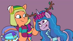 Size: 4096x2304 | Tagged: safe, artist:makaryo, izzy moonbow, sunny starscout, earth pony, pony, unicorn, g5, my little pony: make your mark, winter wishday, :p, braid, braided ponytail, clothes, duo, duo female, fake antlers, female, floral head wreath, flower, hat, horn, mane stripe sunny, mare, ponytail, purple background, scarf, simple background, smiling, tongue out, winter hat