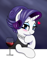 Size: 1175x1500 | Tagged: safe, artist:vomitvomiting, rarity, pony, g4, alcohol, alternate hairstyle, bedroom eyes, blushing, clothes, date, dress, glass, heart, hoof on chin, jewelry, looking at you, necklace, pearl necklace, solo, wine, wine glass