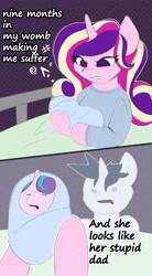 Size: 2257x4096 | Tagged: safe, artist:luanbang, princess cadance, princess flurry heart, shining armor, alicorn, pony, unicorn, g4, 2 panel comic, bed, clothes, comic, crossing the memes, dialogue, dot eyes, female, filly, foal, grumpy, horn, in bed, like father like daughter, like parent like child, male, mare, meme, messy mane, nine months in my womb making me suffer, open mouth, stallion, swaddled, swaddled baby, swaddling, the bride and the ugly ass groom, trio