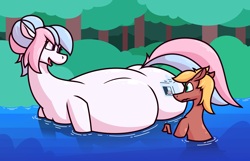 Size: 3100x2000 | Tagged: safe, artist:ikakins, oc, oc only, oc:bundle joy, unnamed oc, earth pony, pony, fanfic:hot dam, belly, big belly, bush, colt, fanfic, fanfic art, female, foal, forest, hoers, lake, large butt, looking at each other, looking at someone, looking back, male, mare, nature, nervous, pregnant, shrub, smiling, swimming, tree, water