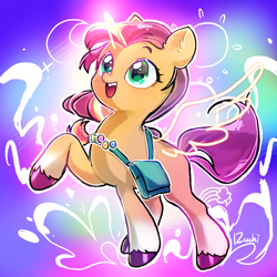 Size: 2048x2048 | Tagged: safe, artist:izuchi, sunny starscout, alicorn, pony, g5, artificial horn, artificial wings, augmented, cute, female, happy, horn, magic, magic horn, magic wings, mare, open mouth, open smile, race swap, raised hoof, signature, smiling, spread wings, sunny's bag, sunnybetes, sunnycorn, tail, unshorn fetlocks, wings