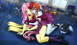 Size: 3500x2059 | Tagged: safe, alternate version, artist:mauroz, fluttershy, rainbow dash, human, equestria girls, g4, anime, anime style, backpack, classroom, clothes, crystal prep academy uniform, female, indoors, lesbian, one eye closed, school uniform, ship:flutterdash, shipping, tongue out