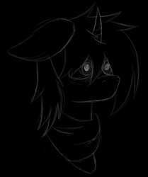 Size: 2179x2607 | Tagged: safe, artist:duskendraws, derpibooru exclusive, oc, oc only, oc:dusk moonfall, pony, unicorn, black background, bust, clothes, horn, male, monochrome, scarf, simple background, sketch, solo, vent art