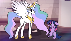 Size: 1872x1080 | Tagged: safe, artist:tamers12345, princess celestia, twilight sparkle, alicorn, pony, unicorn, my little pony the movie - shattered harmony, g4, crown, floppy ears, horn, jewelry, looking at each other, looking at someone, regalia, sitting, spread wings, unicorn twilight, wings