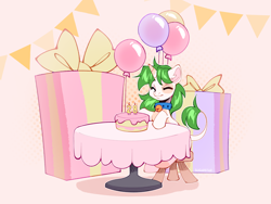 Size: 4000x3000 | Tagged: safe, artist:sugarstar, oc, oc only, oc:sugarstar, pony, unicorn, balloon, birthday, cake, eyes closed, food, horn, present, smiling, solo, table