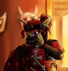 Size: 2000x2100 | Tagged: safe, artist:sunamoonmlp, derpibooru exclusive, oc, oc only, pony, unicorn, anthro, g4, armor, clothes, commission, costume, detailed background, ear fluff, horn, male, mask, samurai, stallion, sword, weapon