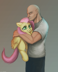 Size: 800x1000 | Tagged: safe, artist:darkdoomer, fluttershy, oc, human, pegasus, pony, g4, bald, duo, duo male and female, female, holding a pony, hug, hugging a pony, male, man, muscles