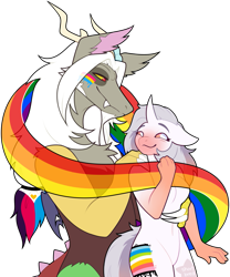 Size: 859x1031 | Tagged: safe, artist:shortbred, discord, oc, oc:taff, draconequus, unicorn, anthro, g4, duo, horn, pansexual pride flag, polyamory pride flag, pride, pride flag, pride month, queer pride flag, simple background, transparent background