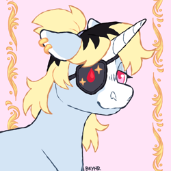 Size: 1000x1000 | Tagged: safe, artist:beyhr, oc, oc only, oc:chalk dust (beyhr), pony, unicorn, ear piercing, earring, eyepatch, horn, jewelry, looking at you, piercing, pink eyes, ponytail, solo, two toned mane