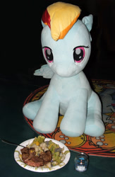 Size: 1389x2125 | Tagged: safe, anonymous artist, derpy hooves, rainbow dash, pegasus, pony, g4, candle, female, food, indoors, irl, mare, photo, plushie, rug, solo, waifu dinner