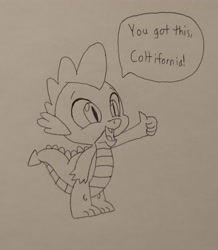 Size: 2773x3175 | Tagged: safe, artist:aa68., derpibooru exclusive, spike, dragon, g4, 2025, awesome, comfort, comforting, cute, great, male, open mouth, simple background, smiling, solo, speech bubble, thumbs up, traditional art, white background