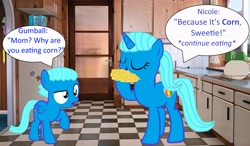 Size: 2996x1751 | Tagged: safe, artist:memeartboi, pegasus, pony, unicorn, g4, checkered floor, colt, confused, corn, cute, duo, duo male and female, eating, eyes closed, eyes open, female, foal, food, gumball watterson, horn, indoors, kitchen, little boy, male, mare, mother, mother and child, mother and son, nicole watterson, open mouth, pegasus wings, plate, ponified, raised hoof, speech bubble, standing, text, the amazing world of gumball, unicorn horn, wings