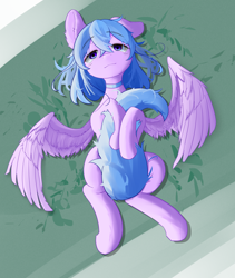 Size: 2894x3435 | Tagged: safe, oc, oc only, pegasus, blue eyes, blue mane, blue tail, female, lying down, mare, on back, smiling, solo, spread wings, tail, wings