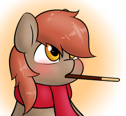 Size: 2145x1981 | Tagged: safe, artist:cdrspark, oc, oc:winterlight, blushing, bust, clothes, cute, food, gradient background, male, pocky, portrait, scarf, stallion