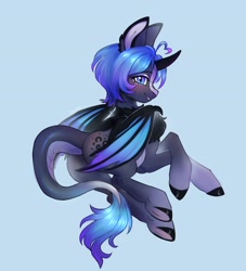 Size: 2292x2520 | Tagged: safe, artist:siatikas, oc, oc only, alicorn, bat pony, bat pony alicorn, pony, alicorn oc, bat wings, blue background, butt, chest fluff, horn, leonine tail, plot, simple background, slit pupils, solo, tail, wings