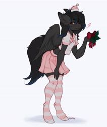 Size: 3475x4096 | Tagged: safe, artist:siatikas, oc, oc only, pegasus, anthro, unguligrade anthro, clothes, floating heart, heart, one eye closed, school uniform, simple background, skirt, socks, solo, striped socks, thigh highs, tongue out, uniform, white background, wink