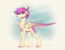 Size: 4616x3536 | Tagged: safe, artist:nettlemoth, oc, oc only, oc:purple wingshade, deer, hybrid, pony, antlers, freckles, solo, unshorn fetlocks