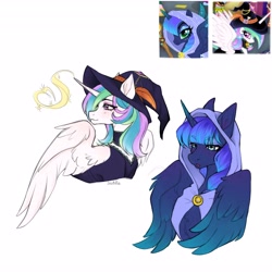 Size: 4096x4096 | Tagged: safe, artist:siatikas, gameloft, idw, princess celestia, princess luna, alicorn, pony, g4, choker, cloak, clothes, female, hat, magic, mare, screencap reference, simple background, white background, witch hat