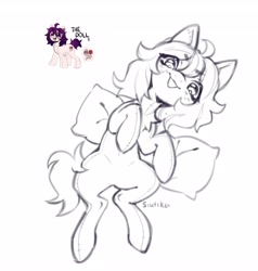 Size: 3894x4096 | Tagged: safe, artist:siatikas, oc, oc:the doll, earth pony, original species, plush pony, pony, black and white, female, freckles, grayscale, lying down, mare, monochrome, plushie, simple background, sketch, solo, stitched body, white background