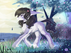 Size: 2520x1888 | Tagged: safe, artist:vitani, oc, oc only, earth pony, pony, choker, collar, female, flower, flower in hair, mare, nature, solo, unshorn fetlocks