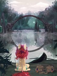 Size: 1860x2500 | Tagged: safe, artist:vitani, oc, oc only, earth pony, pony, bag, bridge, female, mare, reflection, saddle bag, scenery, sitting, solo, water