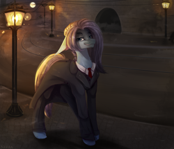 Size: 2304x1980 | Tagged: safe, artist:vitani, earth pony, pony, city, clothes, coat, female, full moon, lantern, mare, moon, necktie, night, smiling, solo