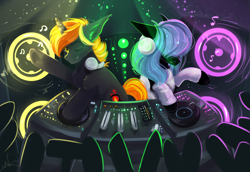 Size: 2888x1992 | Tagged: safe, artist:vitani, oc, oc only, earth pony, pony, unicorn, clothes, concert, duo focus, female, hair over eyes, headphones, horn, male, mare, music, speaker, stallion, turntable