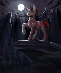 Size: 2880x3440 | Tagged: safe, artist:vitani, oc, oc only, bat, pony, unicorn, bite mark, broken horn, eye scar, facial scar, forest, full moon, horn, male, moon, nature, scar, solo, stallion, tree