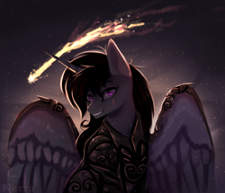 Size: 2328x2000 | Tagged: safe, artist:vitani, oc, alicorn, pony, alicorn oc, armor, eye scar, facial scar, horn, scar, shooting star, smiling, solo, spread wings, wings