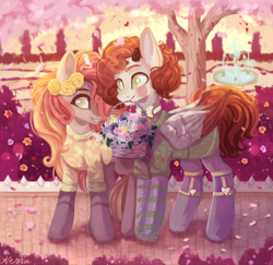 Size: 1944x1892 | Tagged: safe, artist:vitani, oc, oc only, earth pony, pony, basket, bowtie, clothes, duo, female, flower, flower in hair, fountain, garter straps, horns, mare, mouth hold, park, sweater, unshorn fetlocks, wings