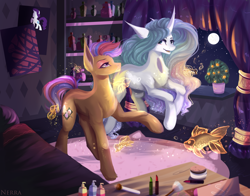 Size: 2220x1744 | Tagged: safe, artist:vitani, oc, oc only, earth pony, fish, pony, unicorn, bedroom, curved horn, duo, female, full moon, horn, magic, makeup, mare, moon, night