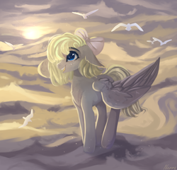 Size: 1976x1896 | Tagged: safe, artist:vitani, oc, oc only, bird, pegasus, pony, bow, cloud, female, hair bow, mare, on a cloud, open mouth, open smile, smiling, solo