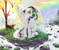 Size: 2372x2000 | Tagged: safe, artist:vitani, oc, oc only, pegasus, pony, armband, beauty mark, chest fluff, clover, floating island, four leaf clover, hairband, mouth hold, sitting, smiling, solo, tree