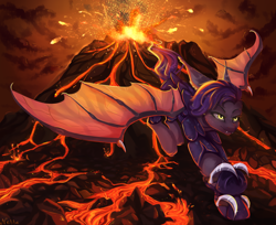 Size: 2452x2000 | Tagged: safe, artist:vitani, oc, oc only, bat pony, pony, armor, fangs, flying, hoof shoes, lava, solo, spread wings, volcano, weapon, wings