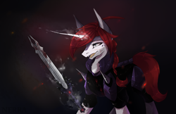 Size: 3000x1940 | Tagged: safe, artist:vitani, oc, oc only, pony, unicorn, armor, female, horn, magic, mare, solo, sword, telekinesis, weapon