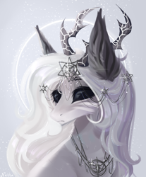 Size: 1316x1588 | Tagged: safe, artist:vitani, oc, oc only, pony, abstract background, black sclera, blank eyes, bust, female, headdress, horns, jewelry, mare, necklace, portrait