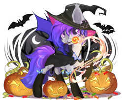 Size: 1972x1600 | Tagged: safe, artist:vitani, oc, oc only, bat, bat pony, pony, candy, clothes, female, food, halloween, hat, holiday, jack-o-lantern, lollipop, mare, mouth hold, pumpkin, socks, solo, witch costume, witch hat