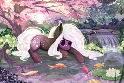 Size: 3000x2000 | Tagged: safe, artist:vitani, oc, oc only, earth pony, fish, pony, cherry blossoms, female, flower, flower blossom, lily (flower), lilypad, lying down, mare, outdoors, prone, scenery, solo, water, waterfall