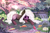 Size: 3000x2000 | Tagged: safe, artist:vitani, oc, oc only, earth pony, fish, pony, cherry blossoms, female, flower, flower blossom, lily (flower), lilypad, lying down, mare, outdoors, prone, scenery, solo, water, waterfall