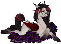 Size: 1280x927 | Tagged: safe, artist:pompolilla, oc, oc only, oc:cherry, bat pony, pony, female, flower, glasses, lying down, mare, prone, simple background, solo, white background