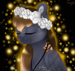 Size: 1598x1500 | Tagged: oc name needed, safe, artist:dorry, oc, oc only, pegasus, pony, bust, coat markings, dark muzzle, eyes closed, facial markings, female, female oc, floral head wreath, flower, folded wings, freckles, jewelry, mare, mare oc, necklace, old art, pegasus oc, wings