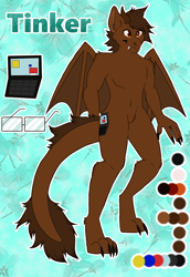 Size: 2968x4312 | Tagged: safe, artist:annuthecatgirl, oc, oc only, oc:tinker(polaris), dracony, dragon, hybrid, anthro, anthro oc, brown mane, concept, concept art, glasses, reference, reference sheet, simple background, solo