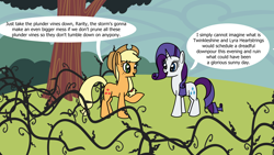 Size: 1920x1080 | Tagged: safe, artist:platinumdrop, applejack, rarity, earth pony, pony, unicorn, g4, look before you sleep, my little pony: friendship is magic, black vine, commission, dialogue, horn, speech bubble