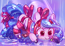 Size: 3508x2480 | Tagged: safe, artist:izuchi, izzy moonbow, pony, unicorn, g5, bow, hair bow, horn, looking down, moon, rain, ribbon, solo, tail, tail bow, water