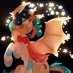 Size: 3550x3550 | Tagged: safe, artist:pakmur, oc, oc only, oc:olen, bat pony, pony, clothes, flower, garland, looking back, scarf, sitting, solo, stars, stockings, thigh highs, tongue out