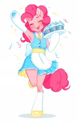 Size: 1316x2048 | Tagged: safe, artist:murimio_, pinkie pie, earth pony, anthro, unguligrade anthro, g4, arm hooves, blushing, clothes, confetti, cupcake, cute, dress, eyes closed, female, food, hoof heart, one leg raised, open mouth, open smile, shadow, simple background, smiling, solo, tray, underhoof, waving, white background