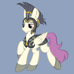 Size: 1739x1740 | Tagged: safe, artist:cupute, gameloft, commander hurricane, pegasus, pony, g4, armor, armored pony, art challenge, big ears, blue background, challenge accepted, clothes, colored lineart, cute, ear fluff, folded wings, full body, gameloft interpretation, helmet, lighting, looking to the right, metal, pink eyes, purple tail, shoes, simple background, smiling, tail, trotting, wheel of pony, wings, yellow coat