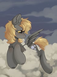 Size: 1527x2048 | Tagged: safe, artist:murimio_, derpy hooves, pegasus, pony, g4, cloud, female, lidded eyes, lying down, lying on a cloud, mare, on a cloud, outdoors, solo, stars, wings